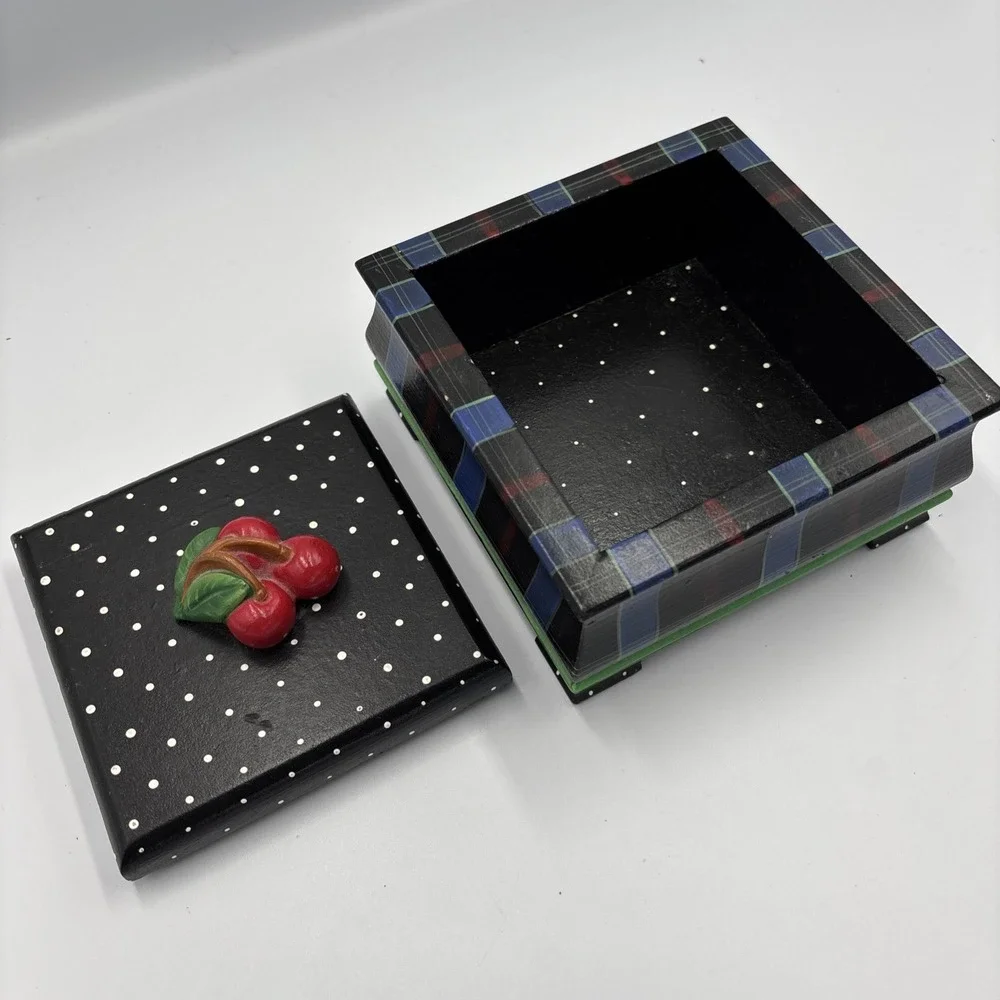 VTG Handcrafted Wooden Box w/ Lid‎ Cherries on Lid Polka Dot Striped Signed 1996